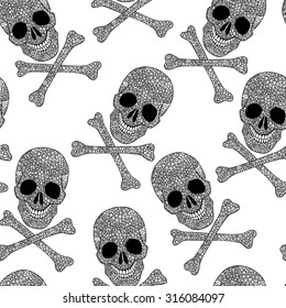 Seamless halloween skull pattern with hand drawn doodle pirate skull illustrations