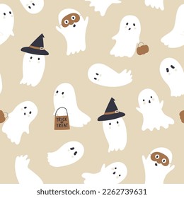 Seamless halloween texture with cute ghosts. Ghost vector pattern. 
