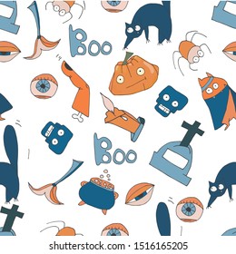 Seamless halloween texture with hand drawn ellements.Endless backgroud.Colorfull pumpkin,horror eyes,skull,cat,bat.