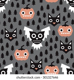 Seamless halloween theme dark pumpkin owls and black cats illustration background pattern in vector