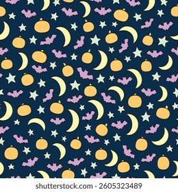 Seamless Halloween Themed Pattern. A seamless pattern in a Halloween theme with pumpkins,, bats, moons, and stars.