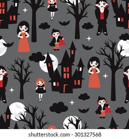 Seamless halloween vampires theme with vampire family haunted castle bat and full moon illustration background pattern in vector