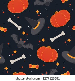 Seamless Halloween vector background pattern with pumpkin, witch hat, stars, bones, bat. Design for party card, wrapping, print.