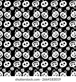  Seamless Halloween Vector Design White Pumpkin Skull Pattern on Black Background