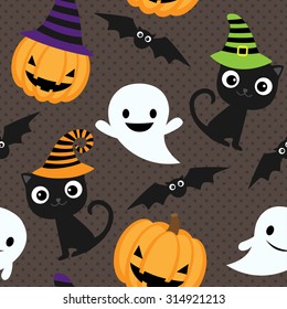 Seamless halloween vector pattern with cats, ghosts and pumpkins