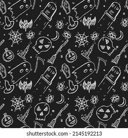 Seamless Halloween vector pattern. Doodle vector with halloween icons on black background. Vintage halloween icons,sweet elements background for your project