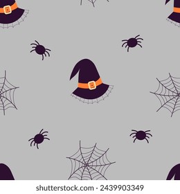 Patrón vectorial de Halloween sin costuras. Patrón de moda con sombreros, araña, tela para papel de embalaje, papel pintado, pegatinas, cubierta de cuaderno.