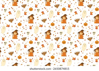 Seamless Halloween vector pattern featuring pumpkins, autumn leaves, ghosts, witch, bats, and skull. Perfect for spooky seasonal designs, wrapping paper, party decor, and fabric prints.
