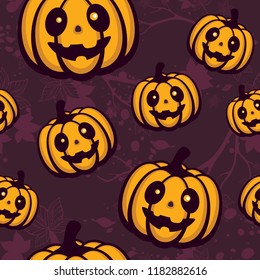 Seamless halloween vector pattern with funny pumpkins with autumn branches on background. Design for halloween party, menu or invitation. Template for textile and wrapping.