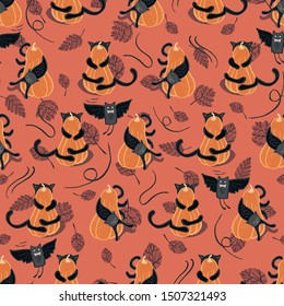 Seamless Halloween vector pattern with funny cats on pumpkins and with rats for fabric, wallpaper, scrapbooking projects or backgrounds. Surface pattern design.