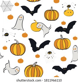 Seamless Halloween vector pattern - ghosts, bats, pumpkins, spiders