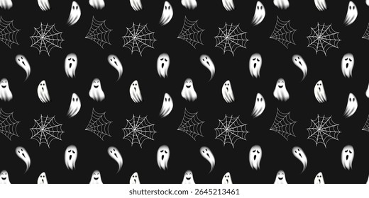 Seamless Halloween vector pattern with glowing cartoon ghosts and spider webs on a dark background. Fun and spooky style, white outlines, soft texture feel