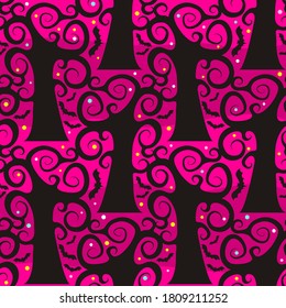 Seamless halloween vector pattern. Hand-drawn black swirling trees with bats on a dark pink lilac background with stumps. Magical and mystical illustration