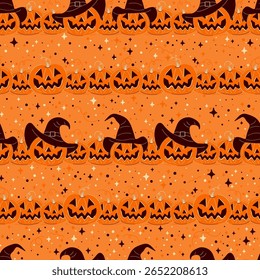 Padrão de vetor de Halloween perfeito com listras horizontais de jack-o-lanternas. Abóboras esculpidas bonitas, algumas com chapéus de bruxa, em um fundo laranja assustador com estrelas. Design festivo.