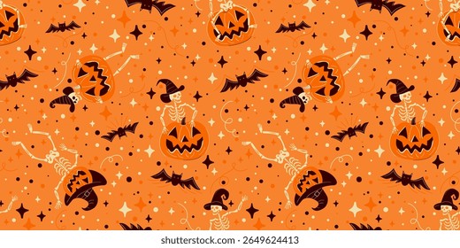 Seamless Halloween vector pattern on an rich orange background. Funny skeletons in witch hats, jack-o-lanterns, bats, and stars. Spooky and playful design for festive decorations.