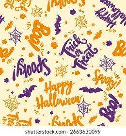 Seamless Halloween vector pattern with orange and purple text phrases and bats on pale creamy yellow background