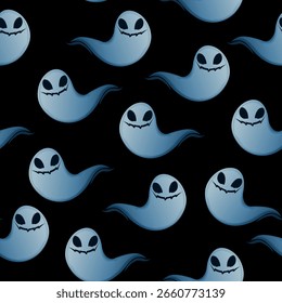 Seamless Halloween vector pattern with playful ghosts on black background. Perfect for spooky fabric prints, wrapping paper, party decorations, and digital designs. Scary horror illustration. 