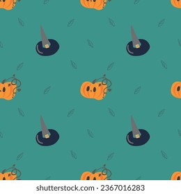 Seamless halloween vector pattern pumpkin and witch hat for priting and fabric 