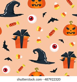 Seamless Halloween vector pattern with pumpkins, bats, eye balls, candies and hats