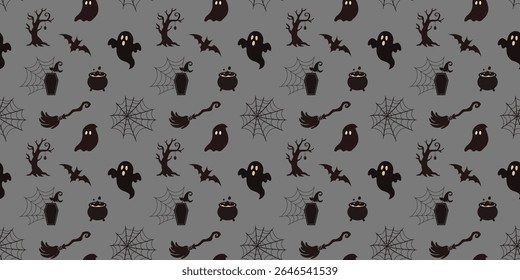 Padrão de vetor de Halloween perfeito com silhuetas de fantasmas, morcegos, teias de aranha, caldeirões, caixões, vassouras e árvores assustadoras. Estilo plano escuro em fundo cinza com vibração de horror de desenhos animados