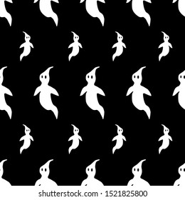 Seamless halloween vector pattern with white ghosts on the black background