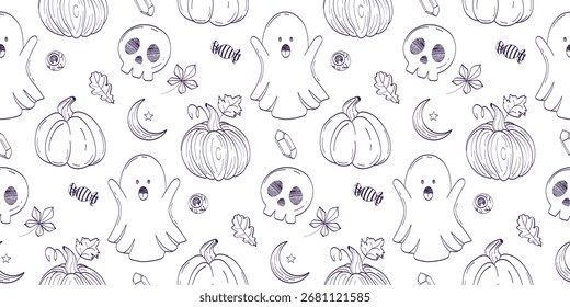Seamless Halloween whimsical pattern with hand-drawn ghosts, pumpkins, skulls, candies, leaves, moons and crystals. Perfect for wrapping paper, textiles, packaging, stationery and digital backgrounds.