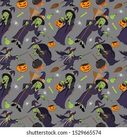 Seamless halloween witch patterns isolated on dark background