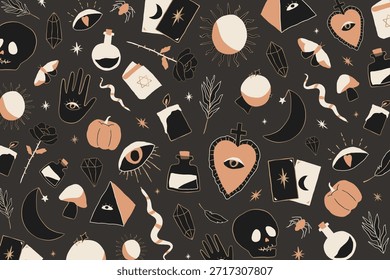 Seamless Halloween-themed background with black background, featuring orange and white mystical symbols and icons. Black and orange colors dominate. Background with copy space vector.