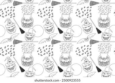 A seamless Halloween-themed coloring page pattern featuring pumpkins, cauldrons, bats, and witch hats. Perfect for festive coloring activities.