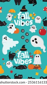 
A seamless Halloween-themed pattern featuring playful ghosts, black cats, pumpkins, mushrooms, apples, and fall elements on a teal background. Perfect for seasonal decorations and festive designs.