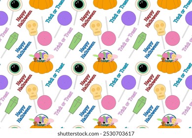 Um padrão perfeito com tema de Halloween, com uma cesta de abóbora cheia de doces assustadores, pirulitos e um texto festivo de Feliz Halloween.