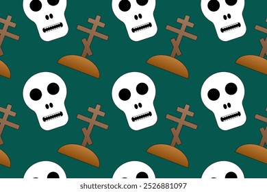 Seamless Halloween-themed pattern featuring skulls and grave crosses. Ideal for spooky decor, textiles, or party invitations.