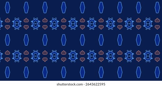 Seamless Halloween-themed pattern with neon skulls, pumpkins, and coffins on a dark background, ideal for party decorations and seasonal fashion.