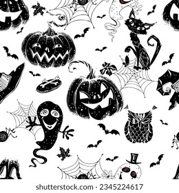 Seamless Halloween-themed pattern with pumpkins and various horror elements. Vector