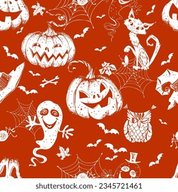 Seamless Halloween-themed pattern with pumpkins and various horror elements. Vector