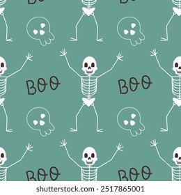 Seamless Halooween hand drawn vector pattern with funny skeleton and skull. 