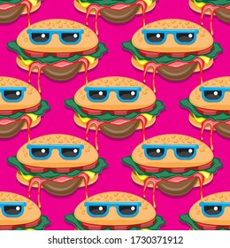 Seamless hamburger pattern in cartoon glasses on pink background. Vector image eps 10