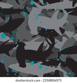 Seamless hammerhead shark silhouette pattern with black and gray sharks with teal splatters on a dark gray background.