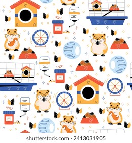 Seamless hamster pattern. Little animals. Pets cage with feeder and drinker. Running wheel. Domestic rodents eat seeds and nuts. Veterinary accessory. Vet shop stuff. Vector background