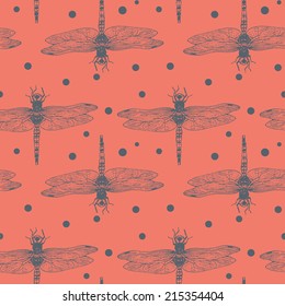 Seamless hand dawn pattern with dragonfly