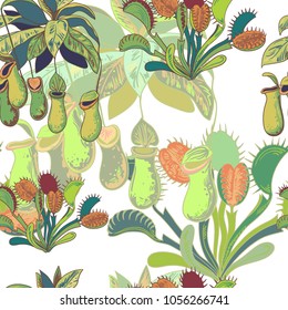 Seamless hand dravn vintage pattern with carnivorus plants, nepenthes and venus flytrap