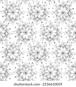 Seamless hand draw black and white geometric flower mandala pattern for used wallpaper, textile print, fills, web page, surface textures, wrapping paper, design of presentation Free Vector.