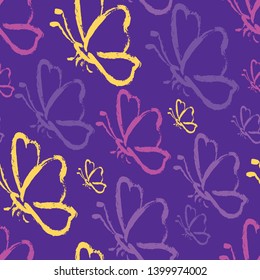 Seamless hand draw butterflies in proton purple colors. Grunge pattern background. Paint butterfly. Vector Illustration