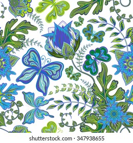 Seamless hand draw butterfly with floral pattern on white background. Vector illustration.