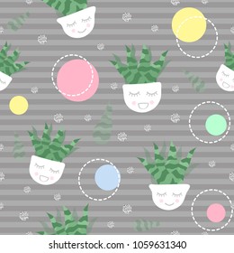 seamless hand draw colorful summer pattern on stripe background with tree in a pot