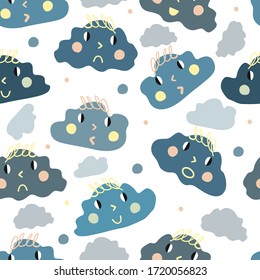 seamless hand draw cute cloud with face emotion pattern background