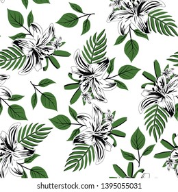 seamless hand draw flower branches with leaf pattern 