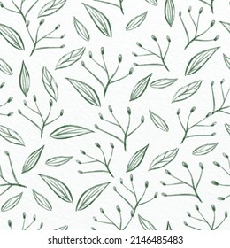 seamless hand draw green leafs pattern on paper background, classic greeting card