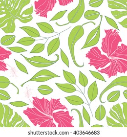 Seamless hand draw hibiscus, eucalyptus, philodendron pattern. Colorful vector