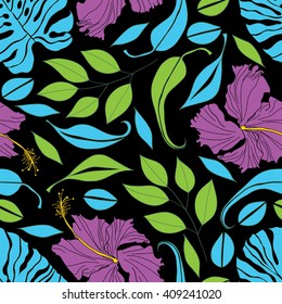 Seamless hand draw hibiscus, eucalyptus, philodendron pattern. Colorful vector